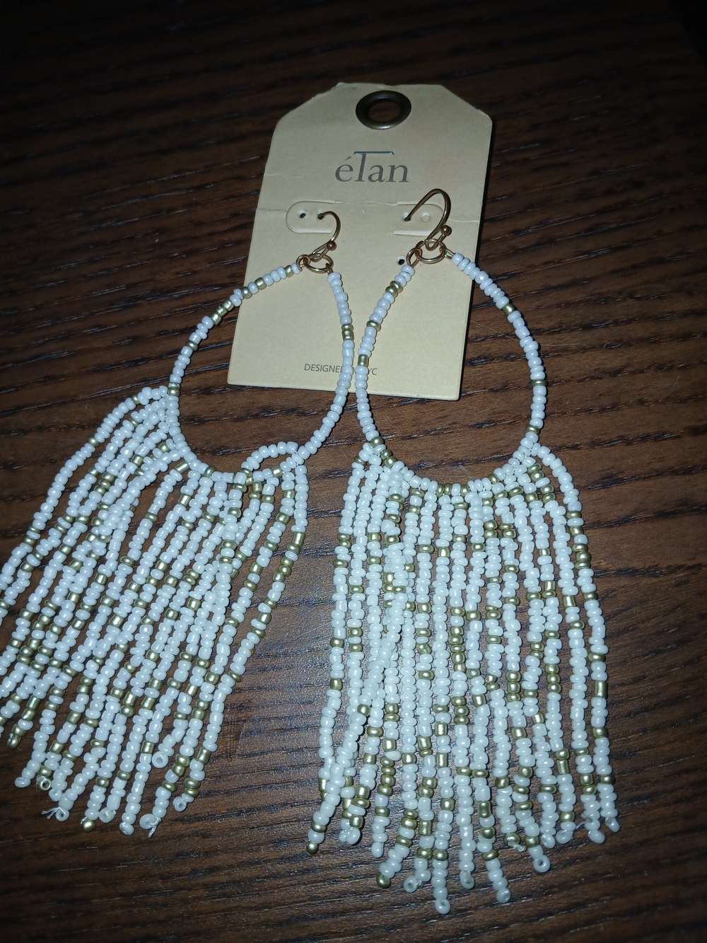 White and Gold Beaded Fringe Hoop Earrings